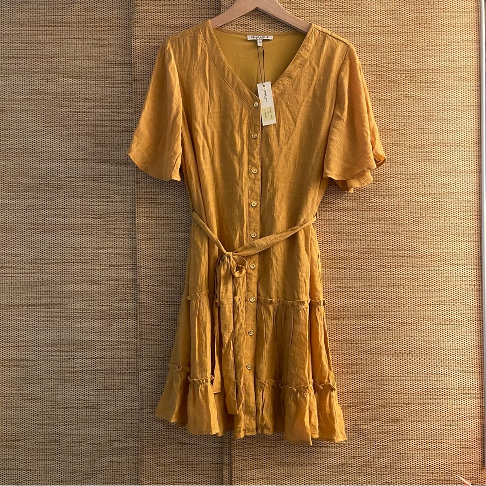 Golden Buttoned V-Neck Mini Dress